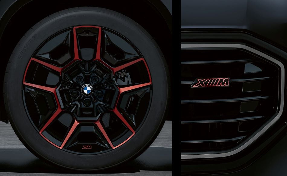 Detailed images of exclusive 22” M Wheels with red accents and XM badging on Illuminated Kidney Grille. in Valley Auto World BMW | Fayetteville NC